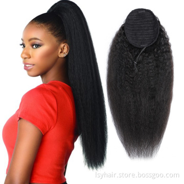Natural African Girl Kinky Straight Human Hair Drawstring Ponytail Clip In Hair Extensions Natural Color Puff Ponytail Products